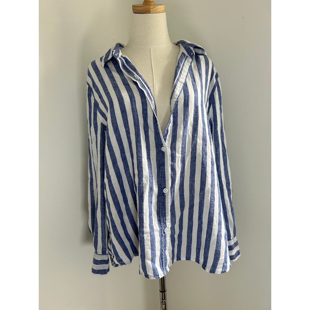 Lola River Blue White Stripe Long Sleeve Button Up Shirt Coastal Beach Vacation